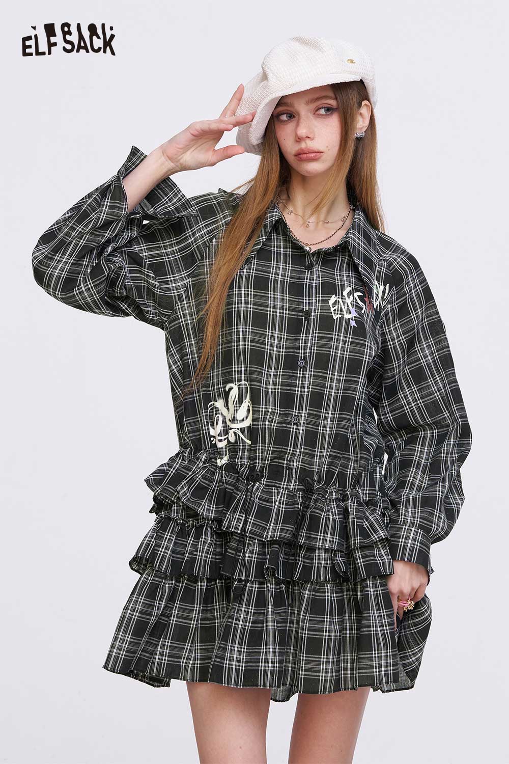 ELFSACK Vintage Plaid Shirt Dress with Layered Ruffles