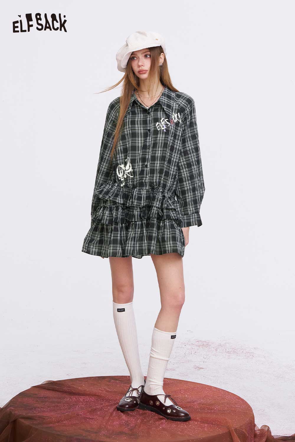 ELFSACK Vintage Plaid Shirt Dress with Layered Ruffles