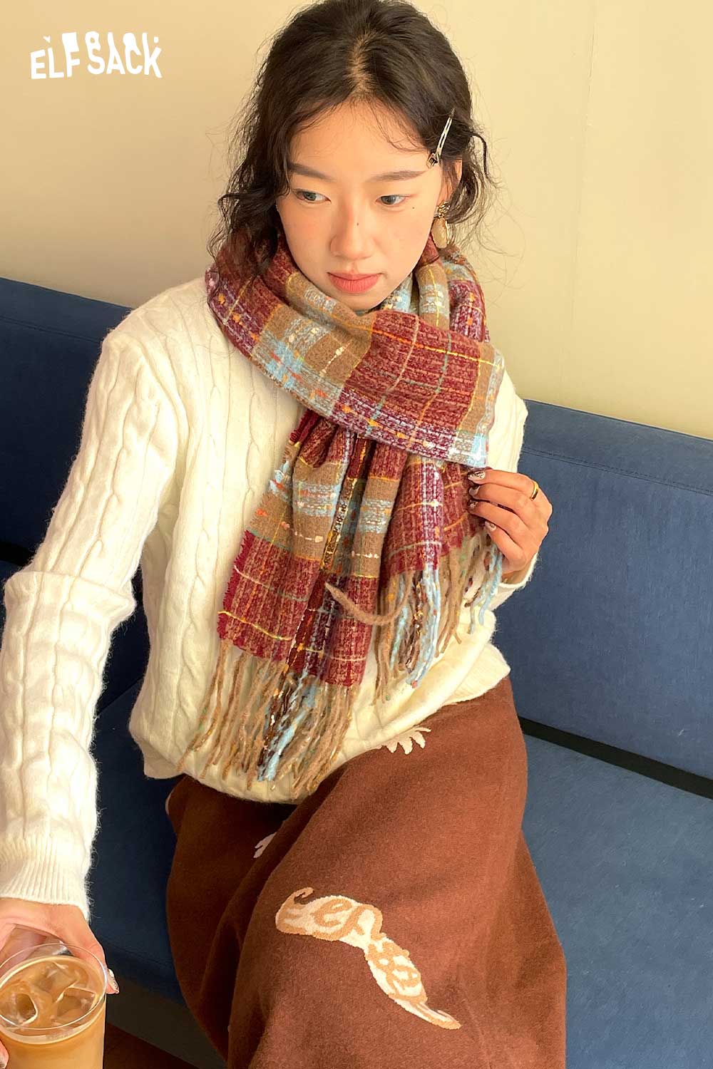 ELFSACK Soft Vintage Star Plaid Pattern Wool Blend Scarf