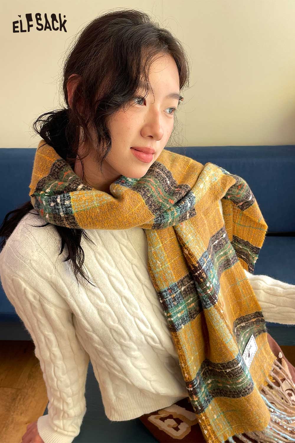 ELFSACK Soft Vintage Star Plaid Pattern Wool Blend Scarf