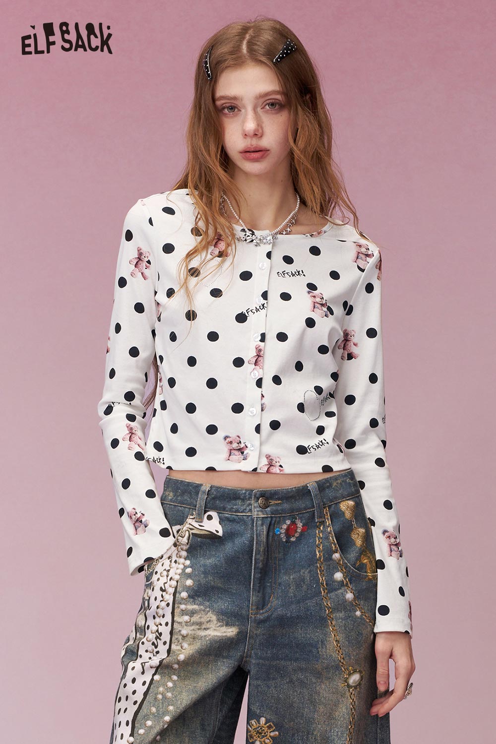 ELFSACK Vintage Sweet Polka Dot Bear Print Long Sleeve Cardigan