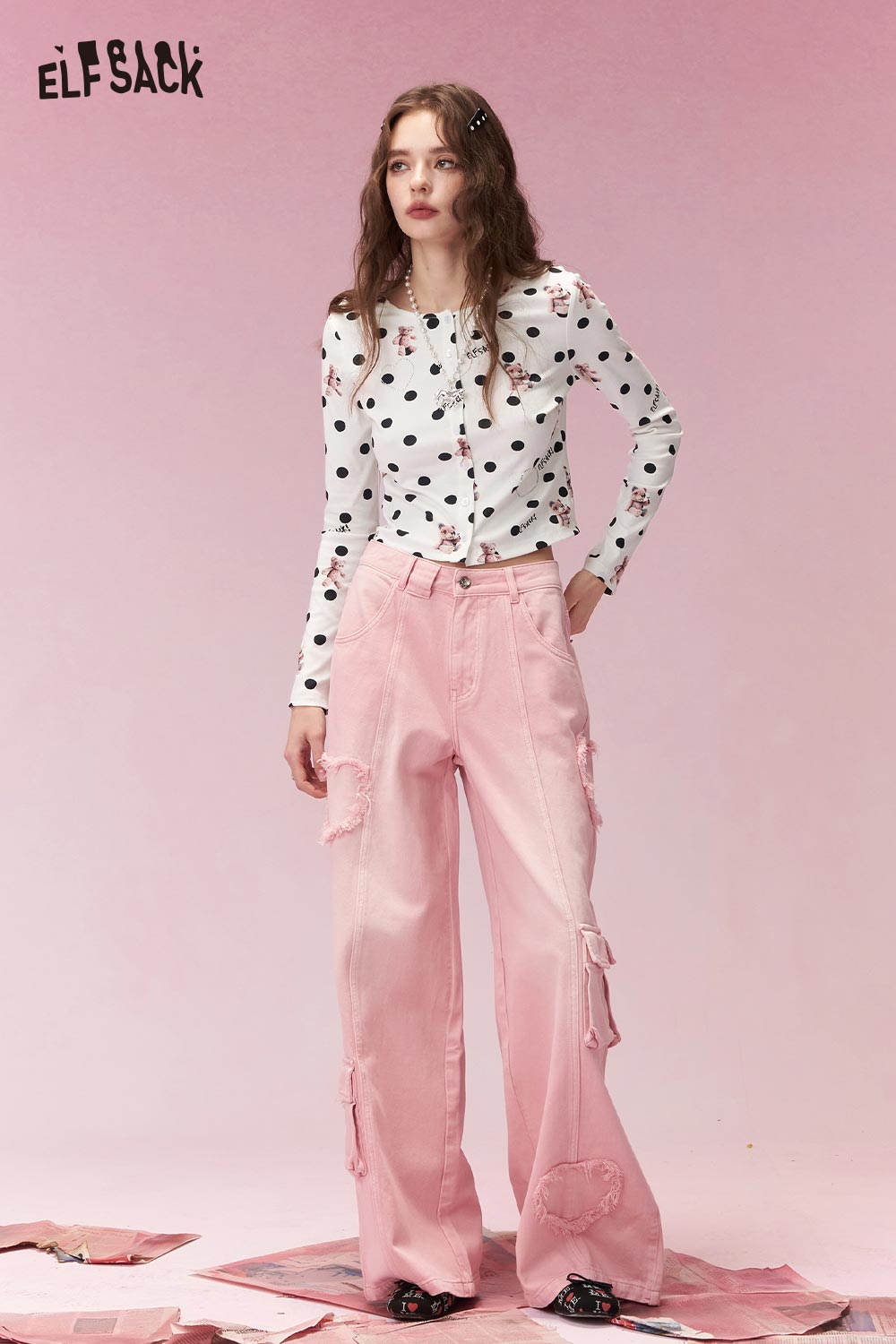 ELFSACK Vintage Sweet Polka Dot Bear Print Long Sleeve Cardigan