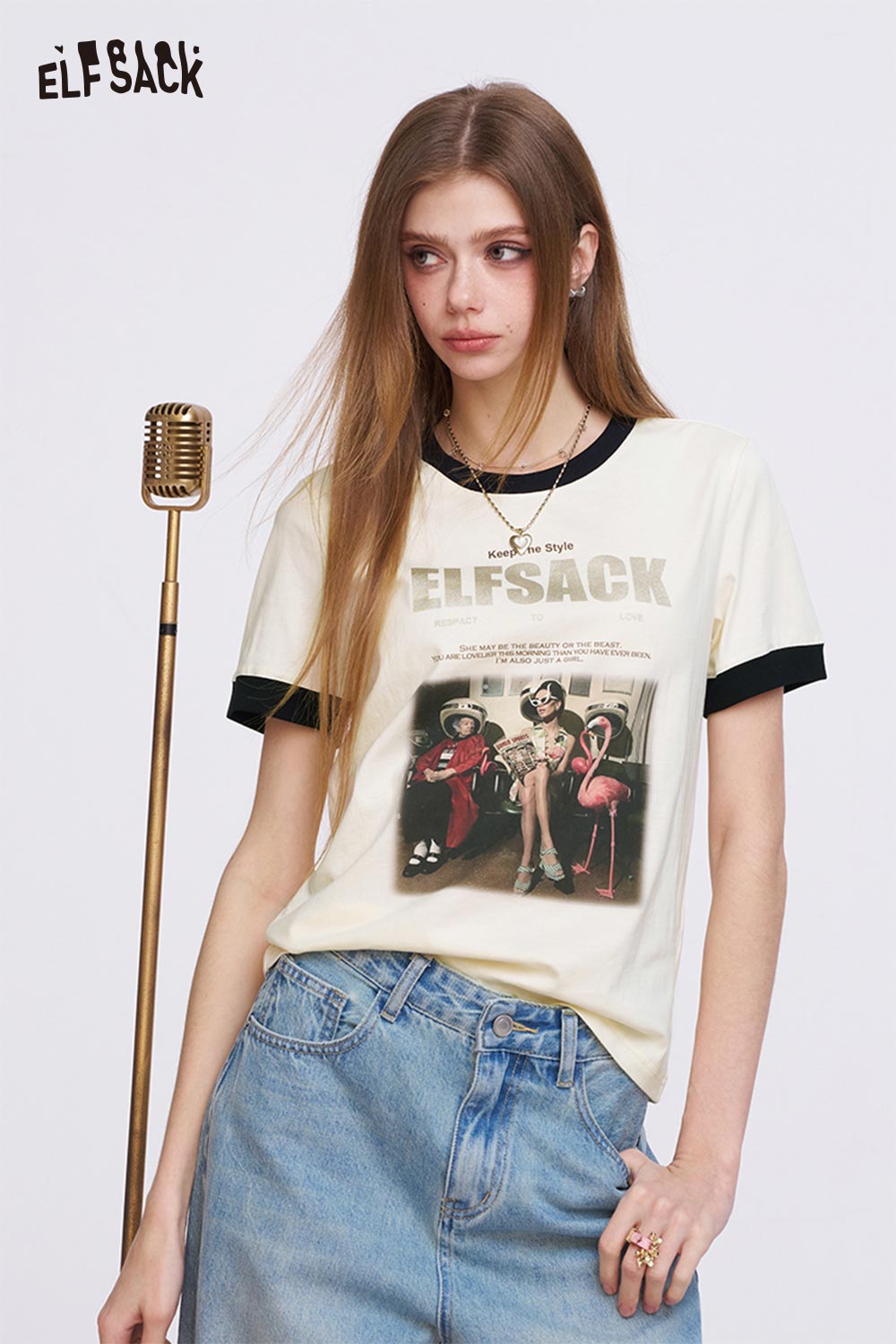ELFSACK Vintage Ringer T-Shirt with Photo Graphic Print