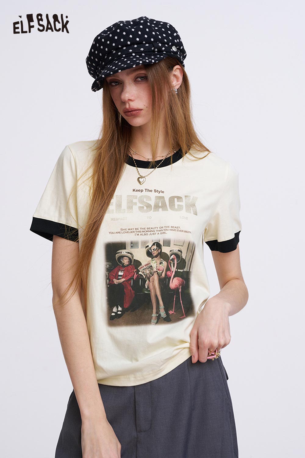 ELFSACK Vintage Ringer T-Shirt with Photo Graphic Print