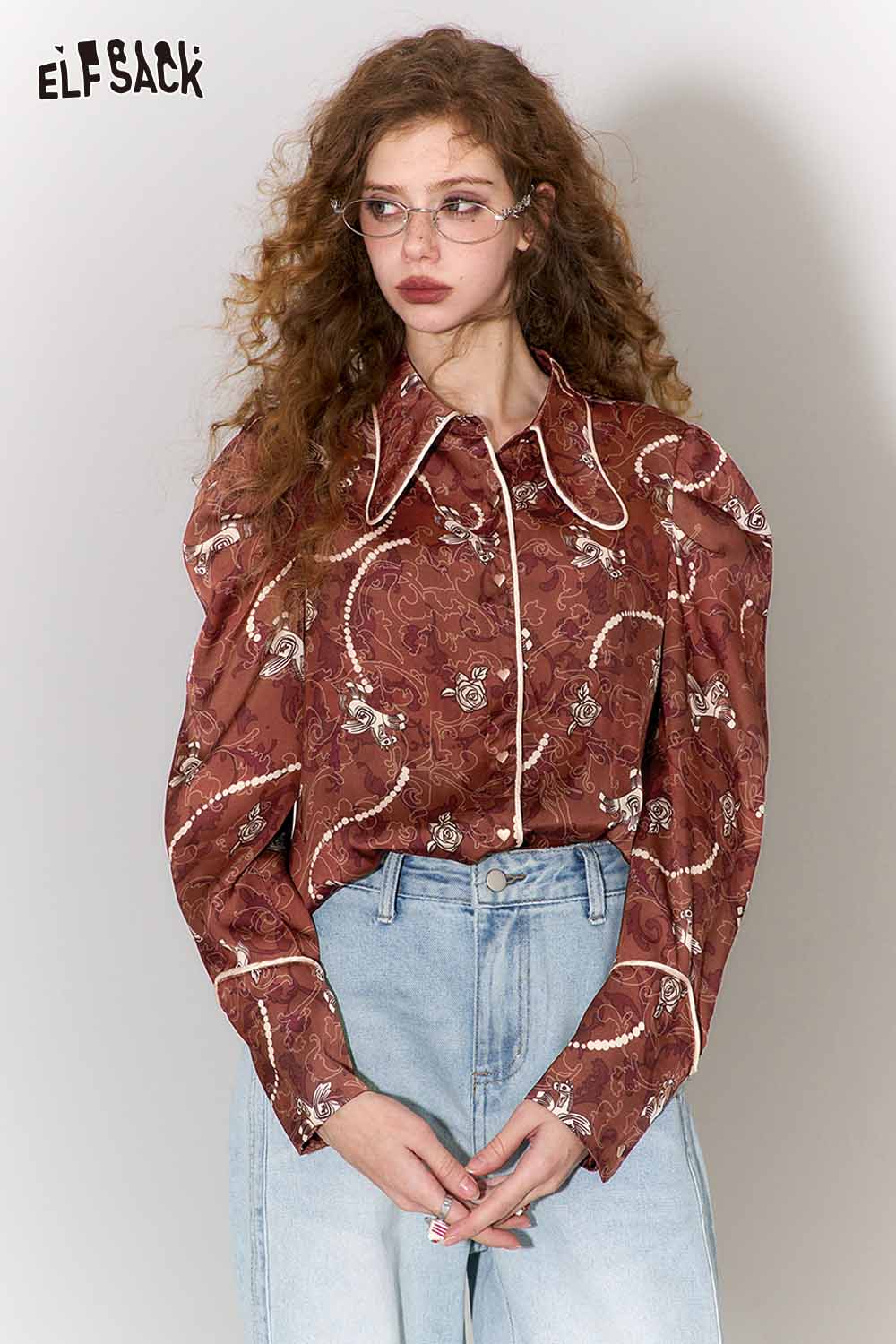 ELFSACK Vintage Pony Rose Print Pearl Trim Lapel Shirt