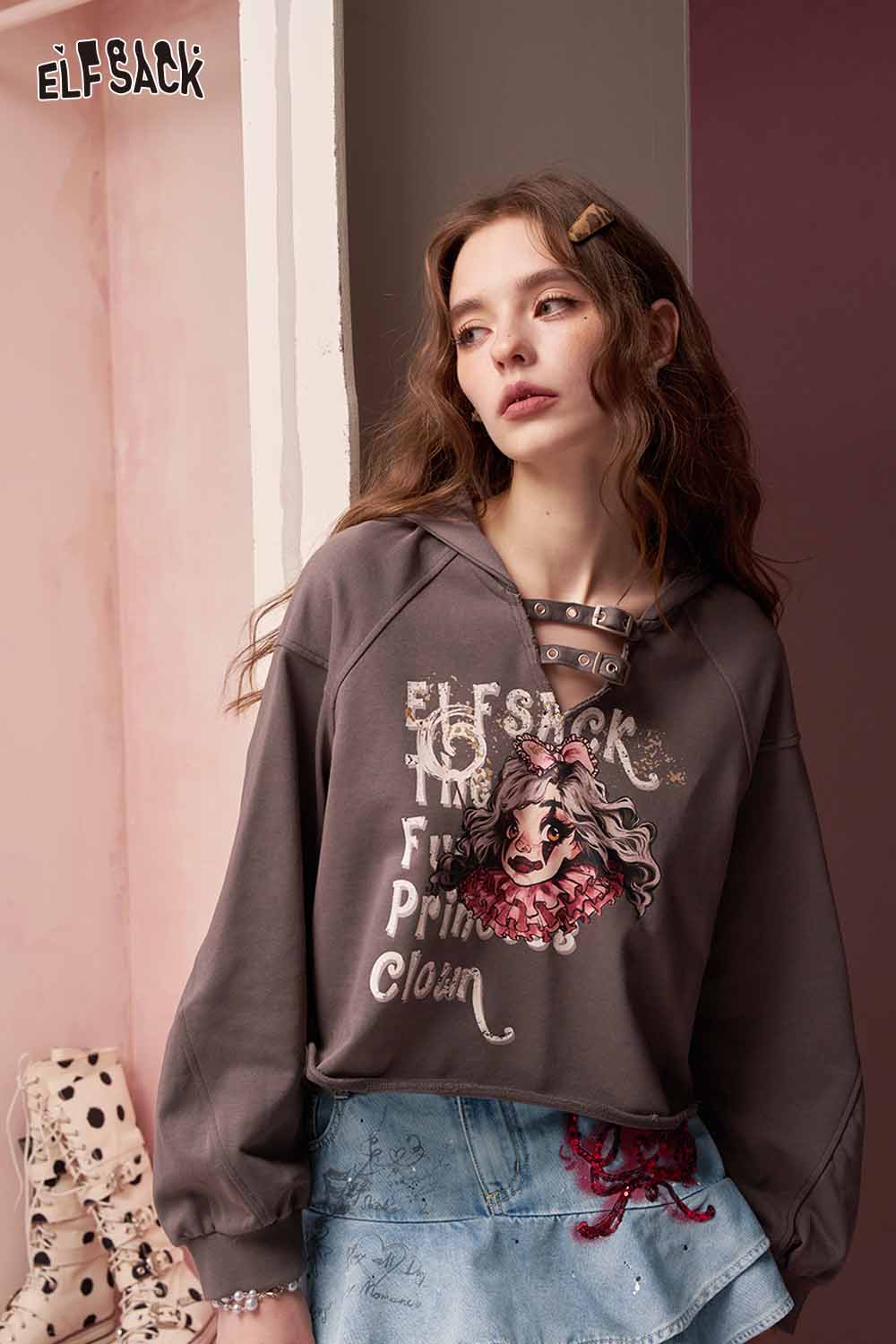 ELFSACK Vintage Asymmetric Ruffle Hem Bead Embroidery Denim Mini Skirt
