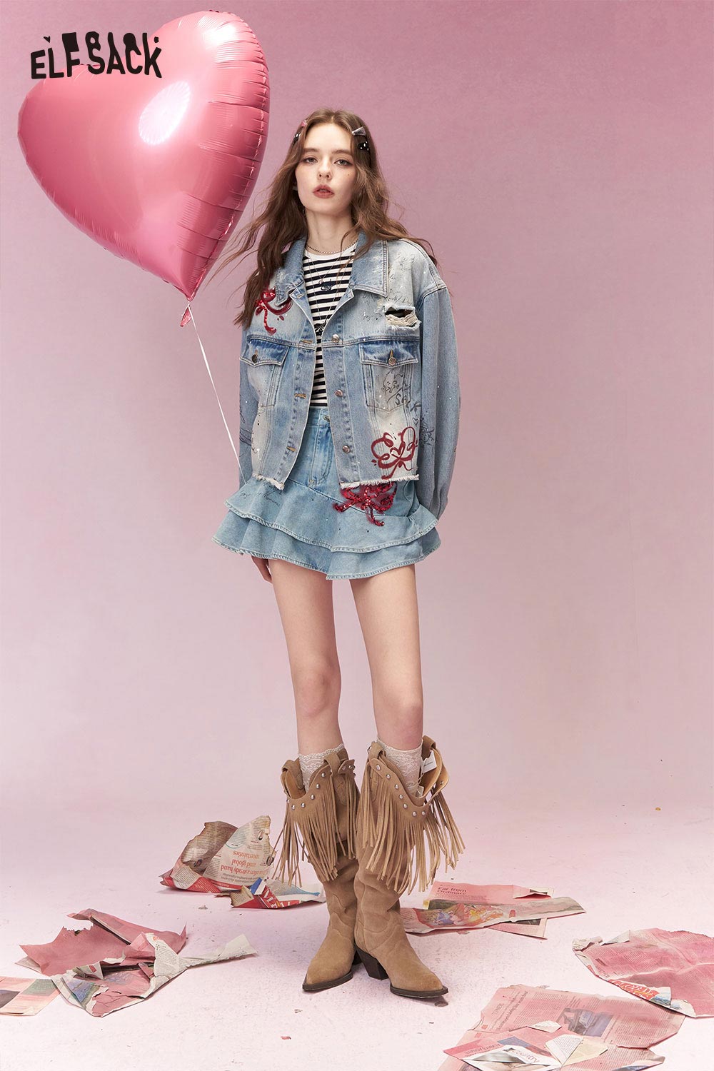 ELFSACK Vintage Asymmetric Ruffle Hem Bead Embroidery Denim Mini Skirt