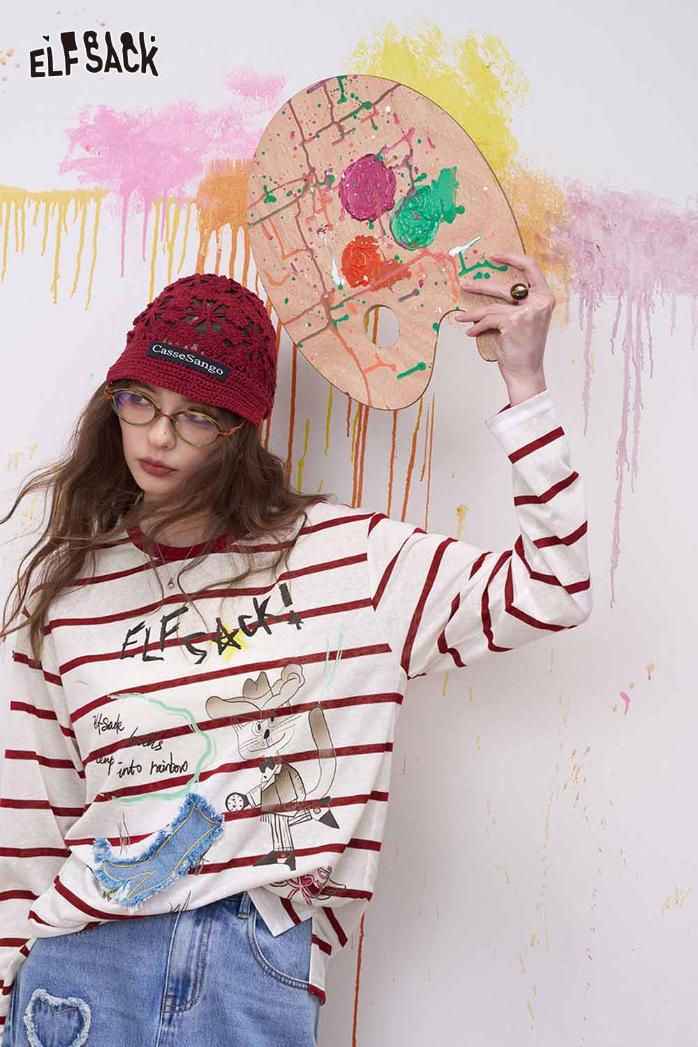 ELFSACK Vintage Stripe Graphic Print Denim Patch Top