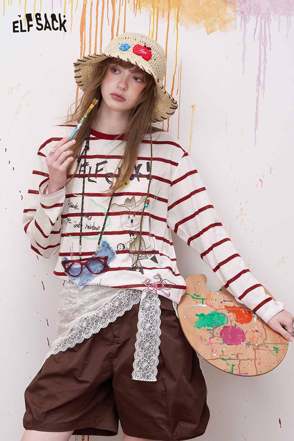ELFSACK Vintage Stripe Graphic Print Denim Patch Top