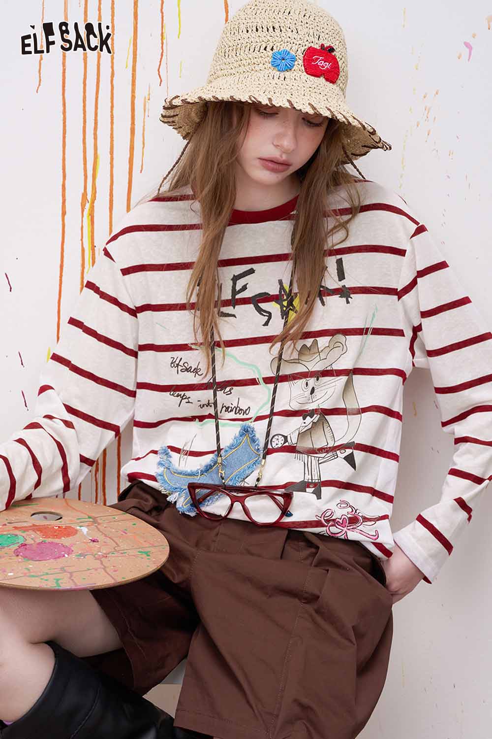 ELFSACK Vintage Stripe Graphic Print Denim Patch Top