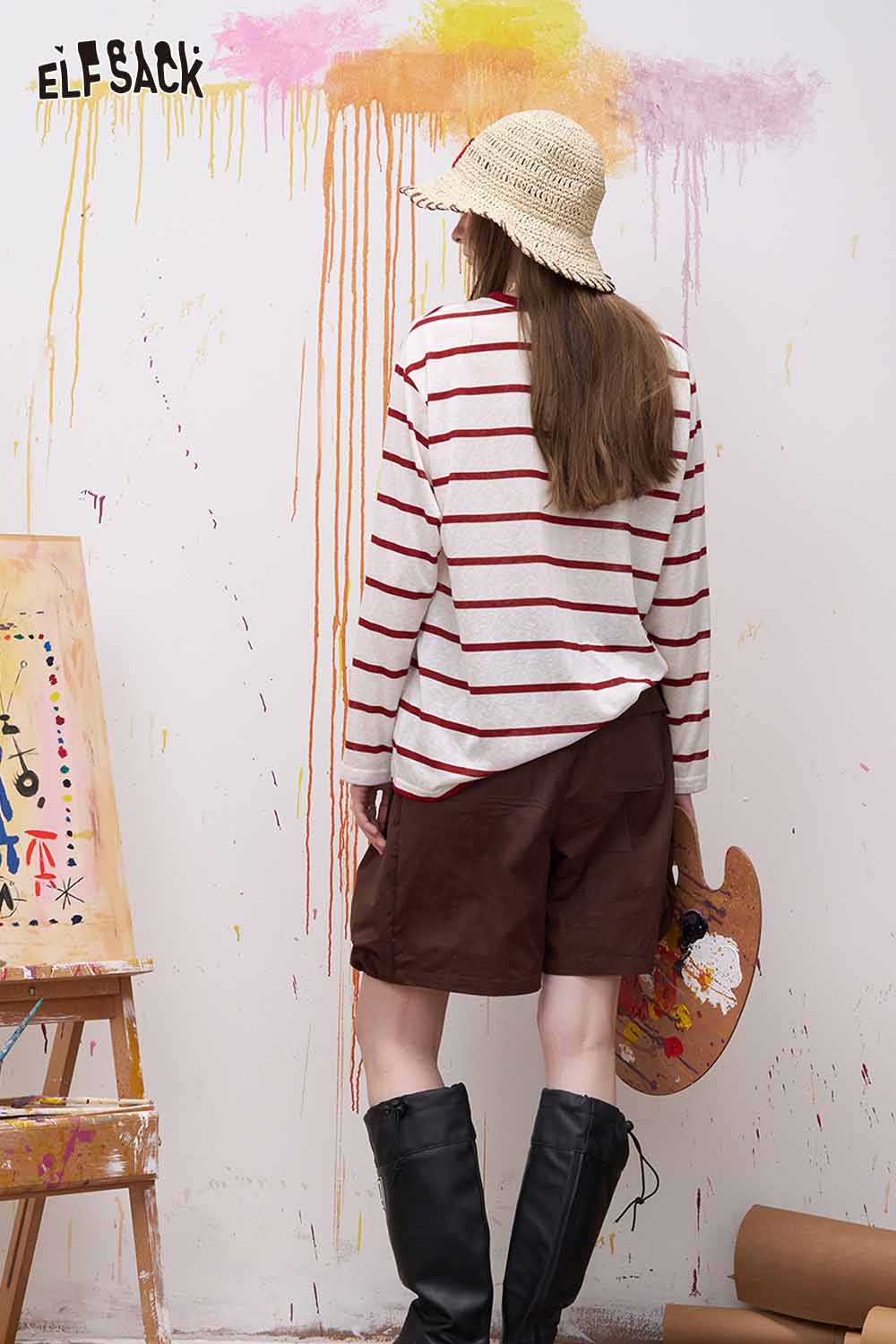 ELFSACK Vintage Stripe Graphic Print Denim Patch Top