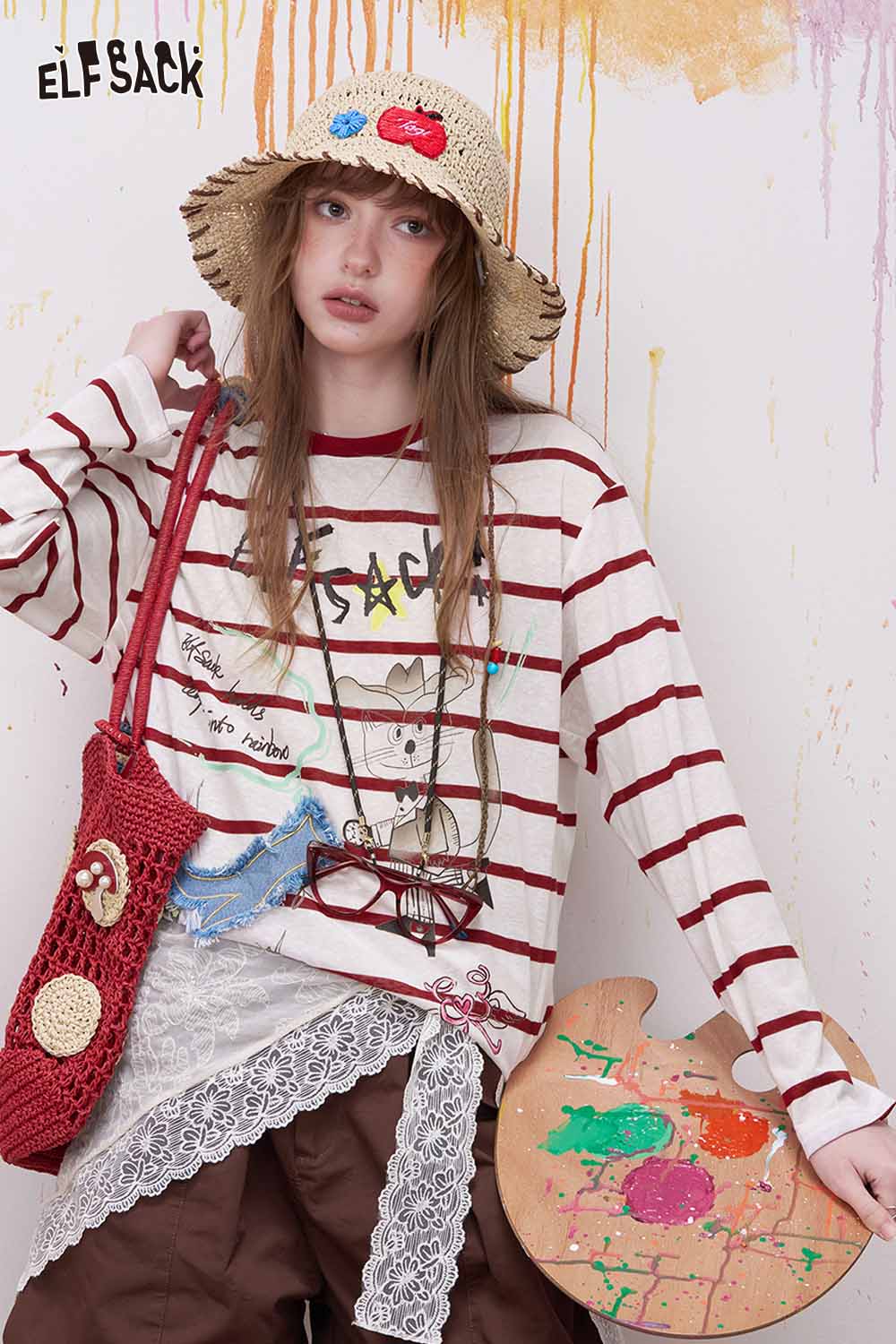ELFSACK Vintage Stripe Graphic Print Denim Patch Top
