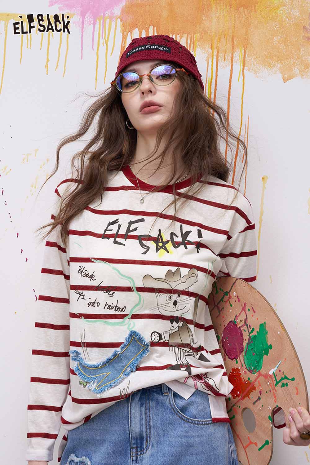 ELFSACK Vintage Stripe Graphic Print Denim Patch Top