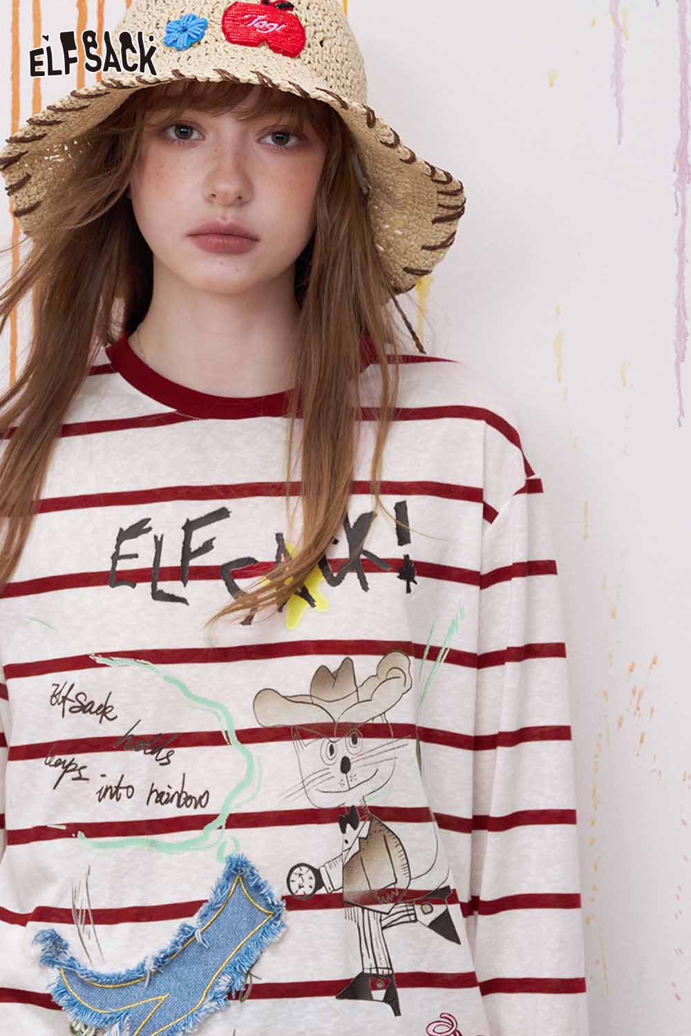 ELFSACK Vintage Stripe Graphic Print Denim Patch Top