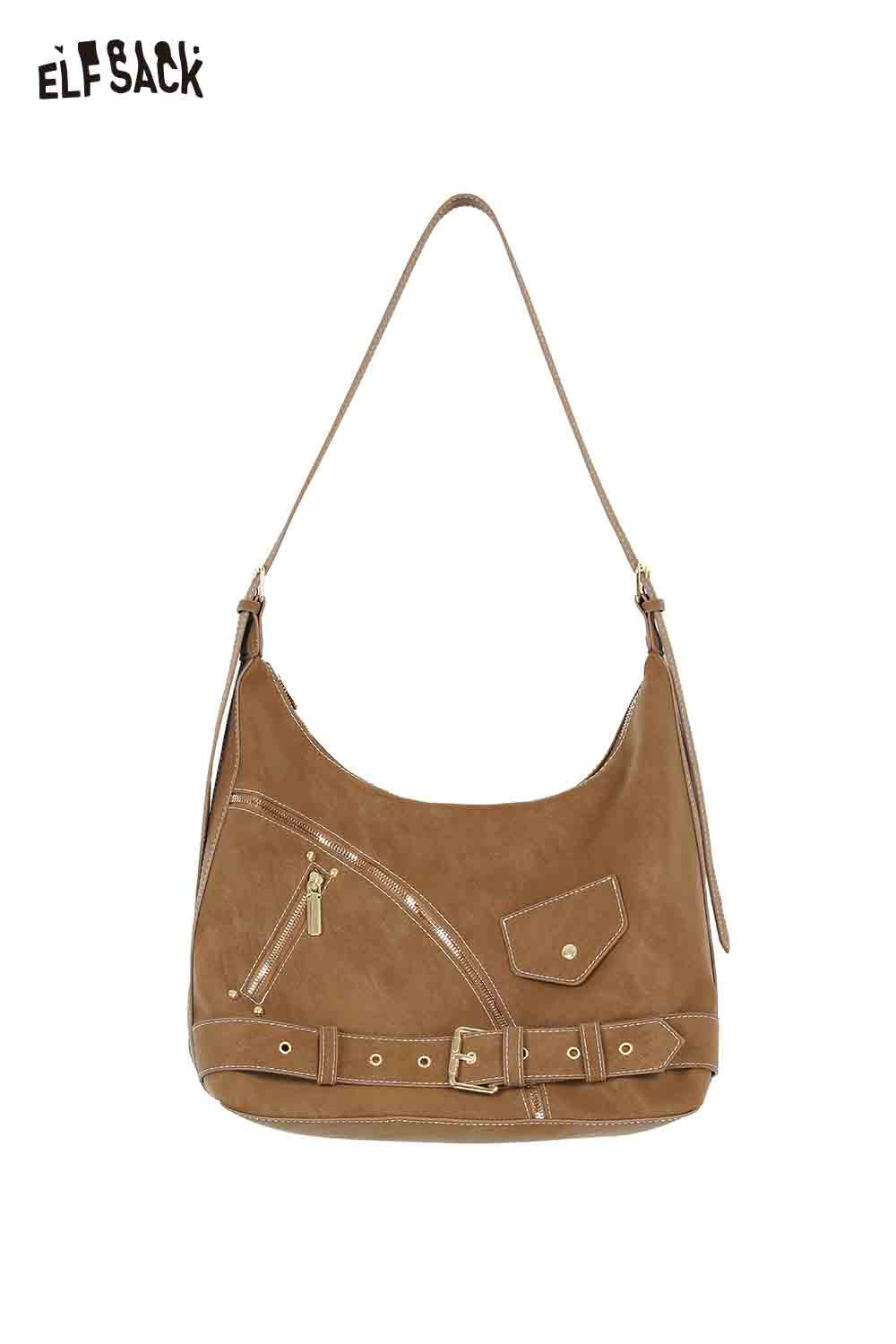 ELFSACK Vintage Versatile Zip Detail Solid Suede Belt Shoulder Bag