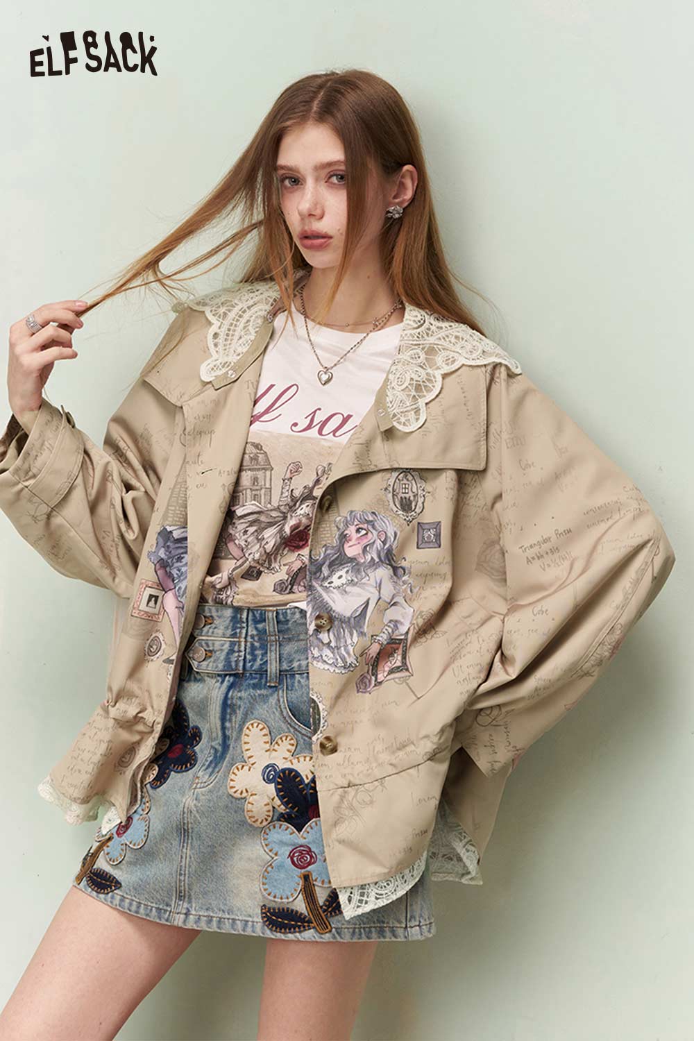 ELFSACK Vintage Sweet Cool Princess Print Lace Trim Trench Coat