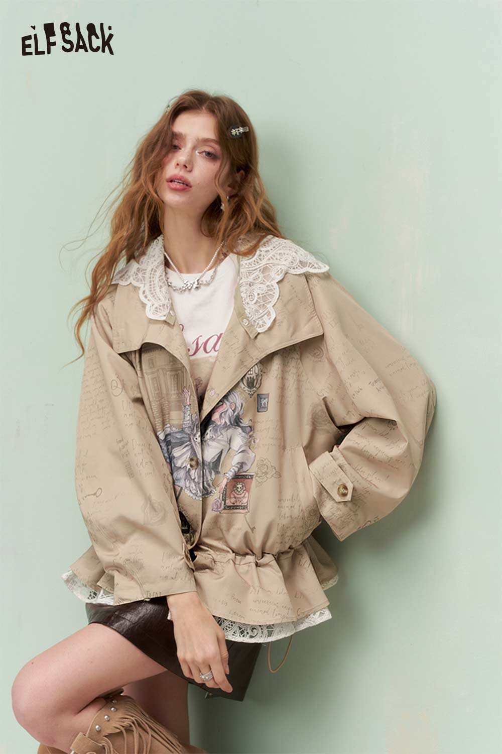 ELFSACK Vintage Sweet Cool Princess Print Lace Trim Trench Coat