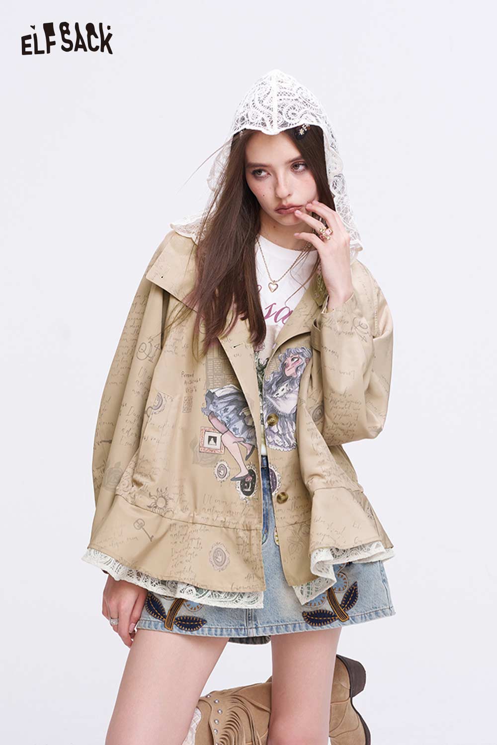 ELFSACK Vintage Sweet Cool Princess Print Lace Trim Trench Coat