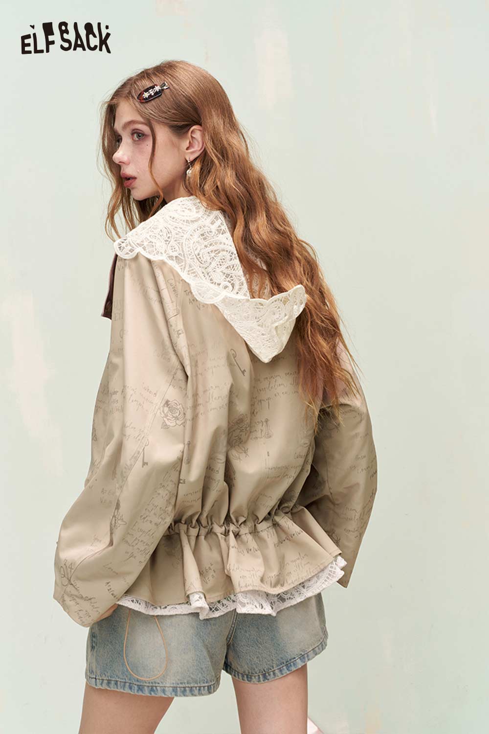 ELFSACK Vintage Sweet Cool Princess Print Lace Trim Trench Coat