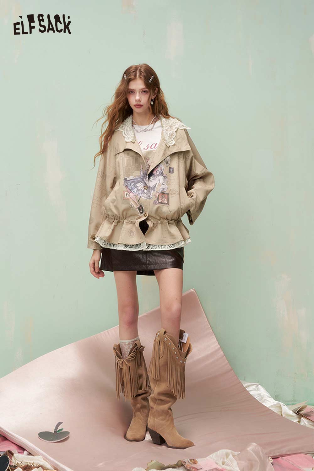 ELFSACK Vintage Sweet Cool Princess Print Lace Trim Trench Coat