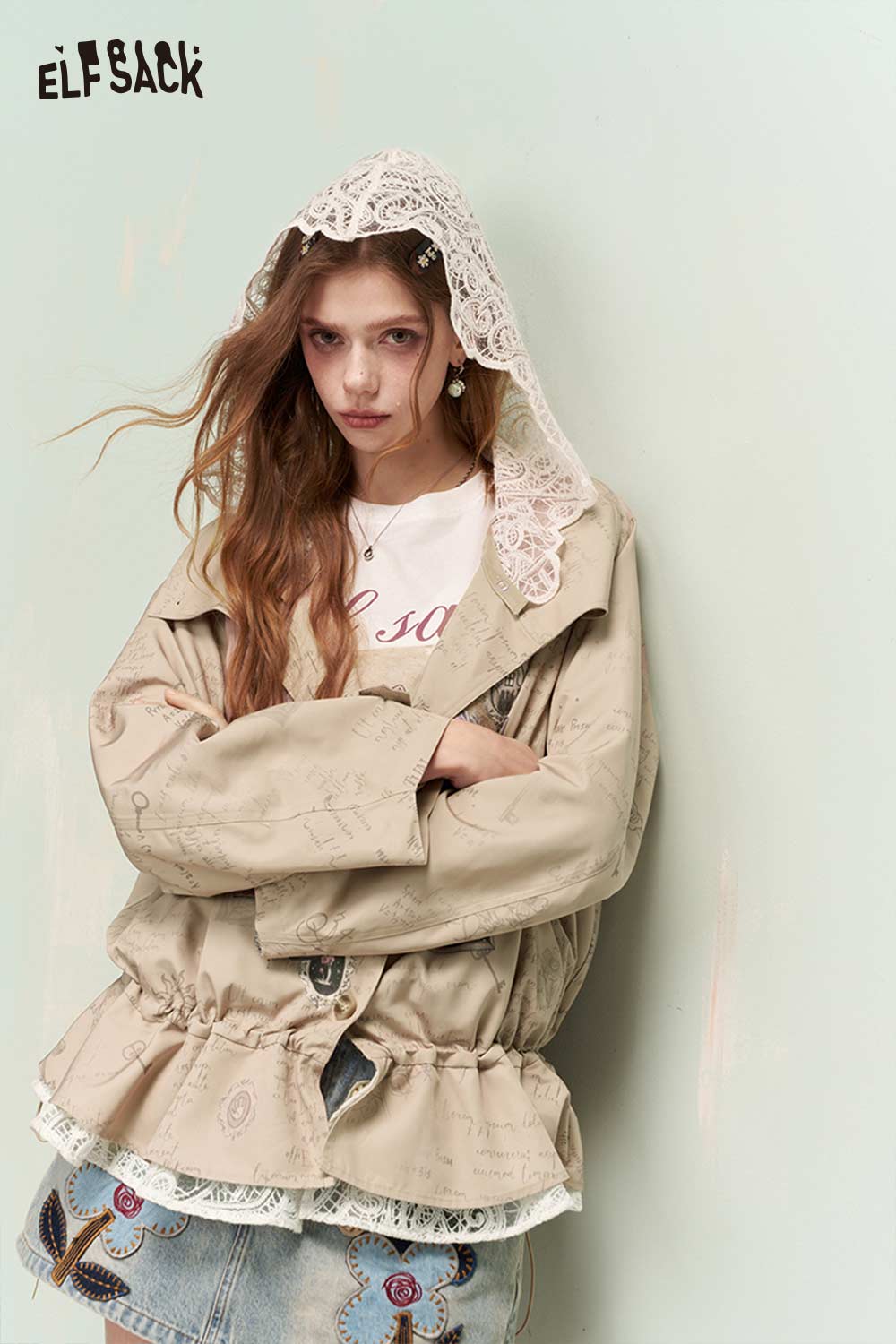 ELFSACK Vintage Sweet Cool Princess Print Lace Trim Trench Coat