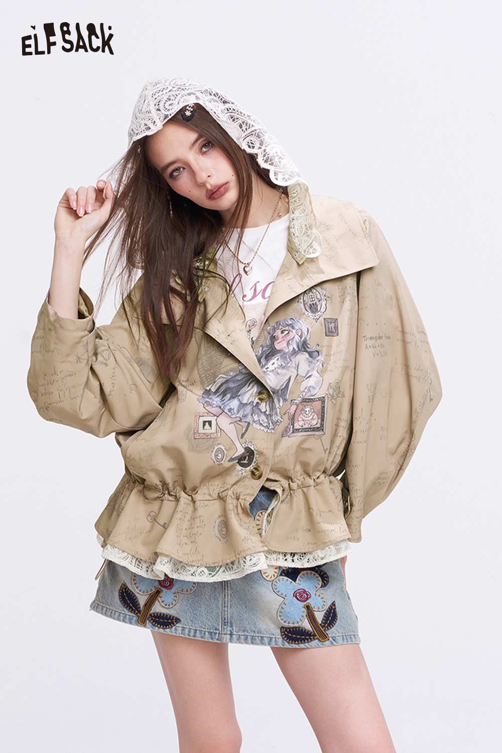 ELFSACK Vintage Sweet Cool Princess Print Lace Trim Trench Coat
