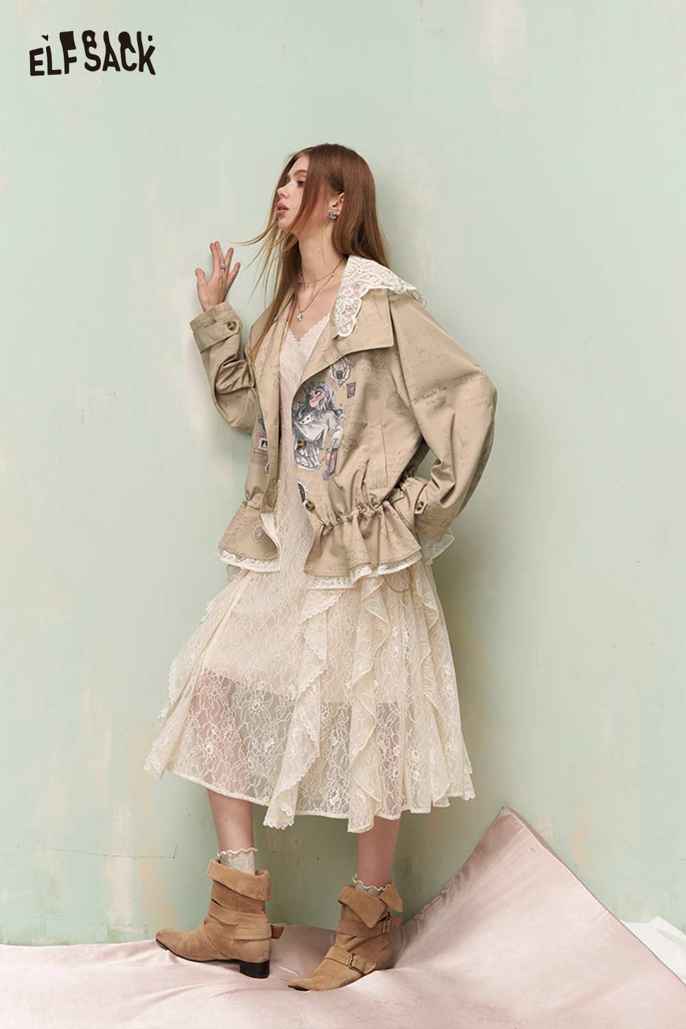 ELFSACK Vintage Sweet Cool Princess Print Lace Trim Trench Coat