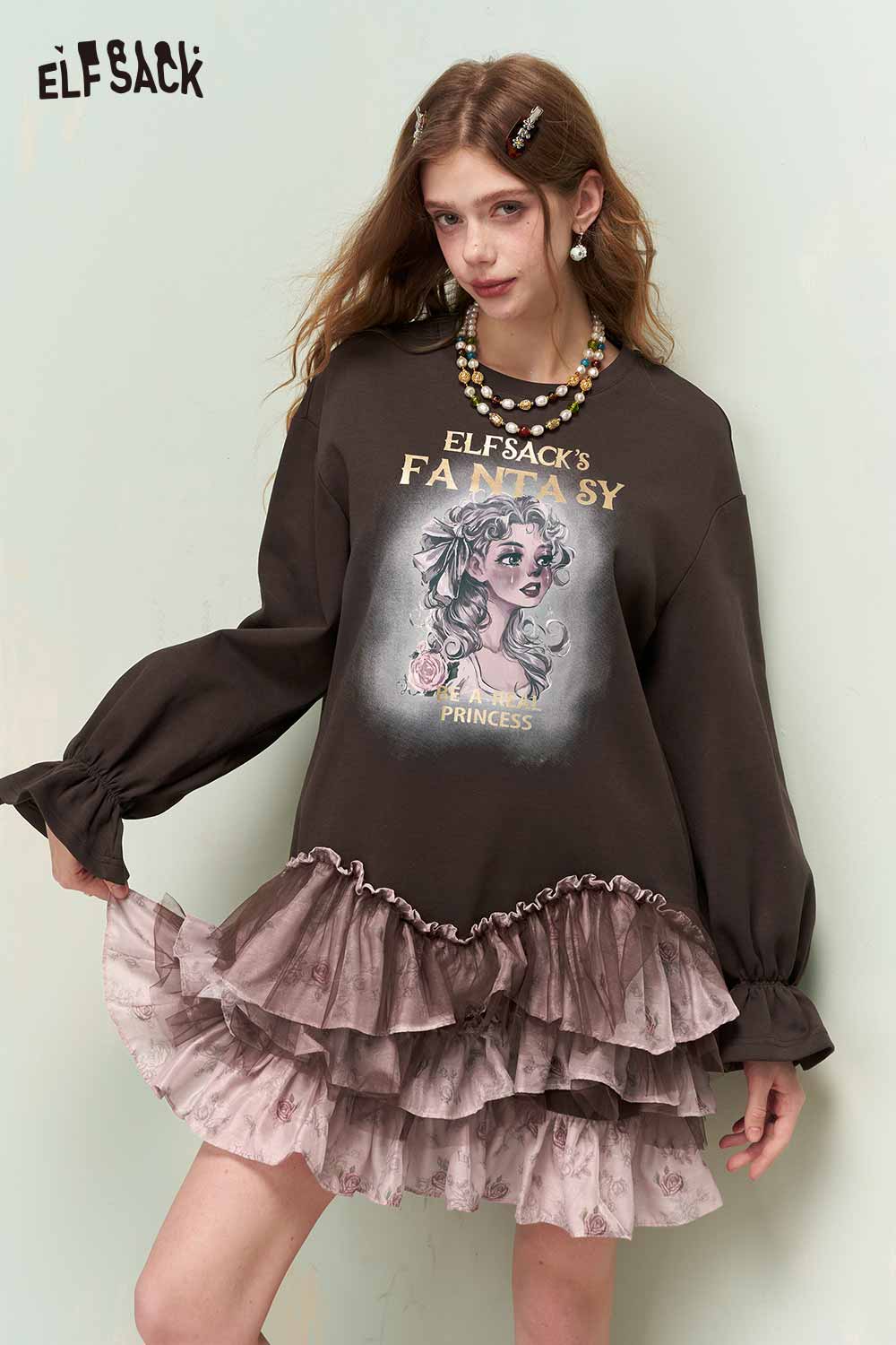 ELFSACK Vintage Sweet Cool Princess Print Tiered Rose Mesh Sweatshirt Dress