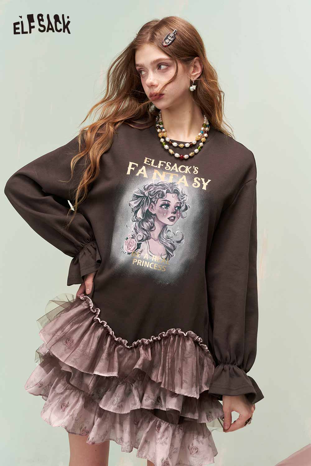 ELFSACK Vintage Sweet Cool Princess Print Tiered Rose Mesh Sweatshirt Dress