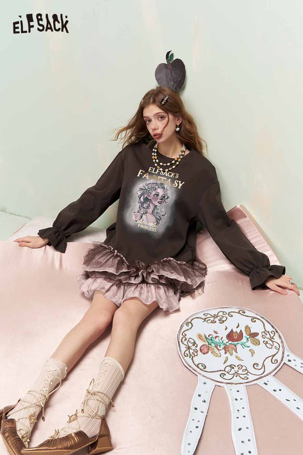 ELFSACK Vintage Sweet Cool Princess Print Tiered Rose Mesh Sweatshirt Dress