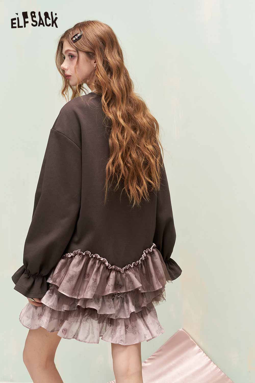 ELFSACK Vintage Sweet Cool Princess Print Tiered Rose Mesh Sweatshirt Dress