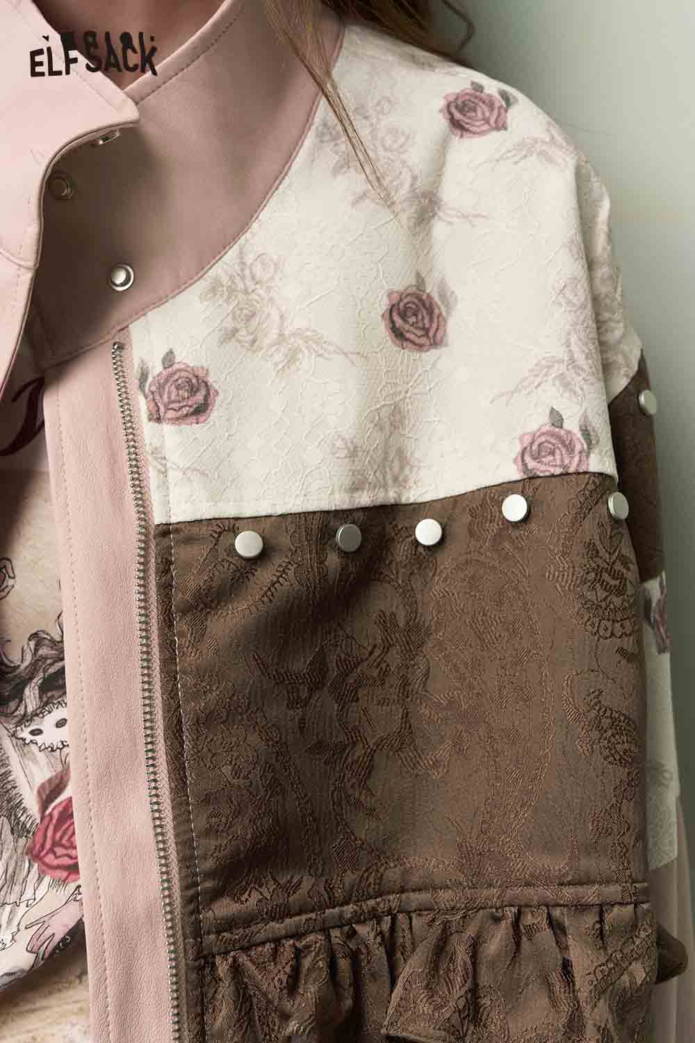 ELFSACK Vintage Sweet Cool Rivet Accent Jacquard Ruffle Cropped Jacket