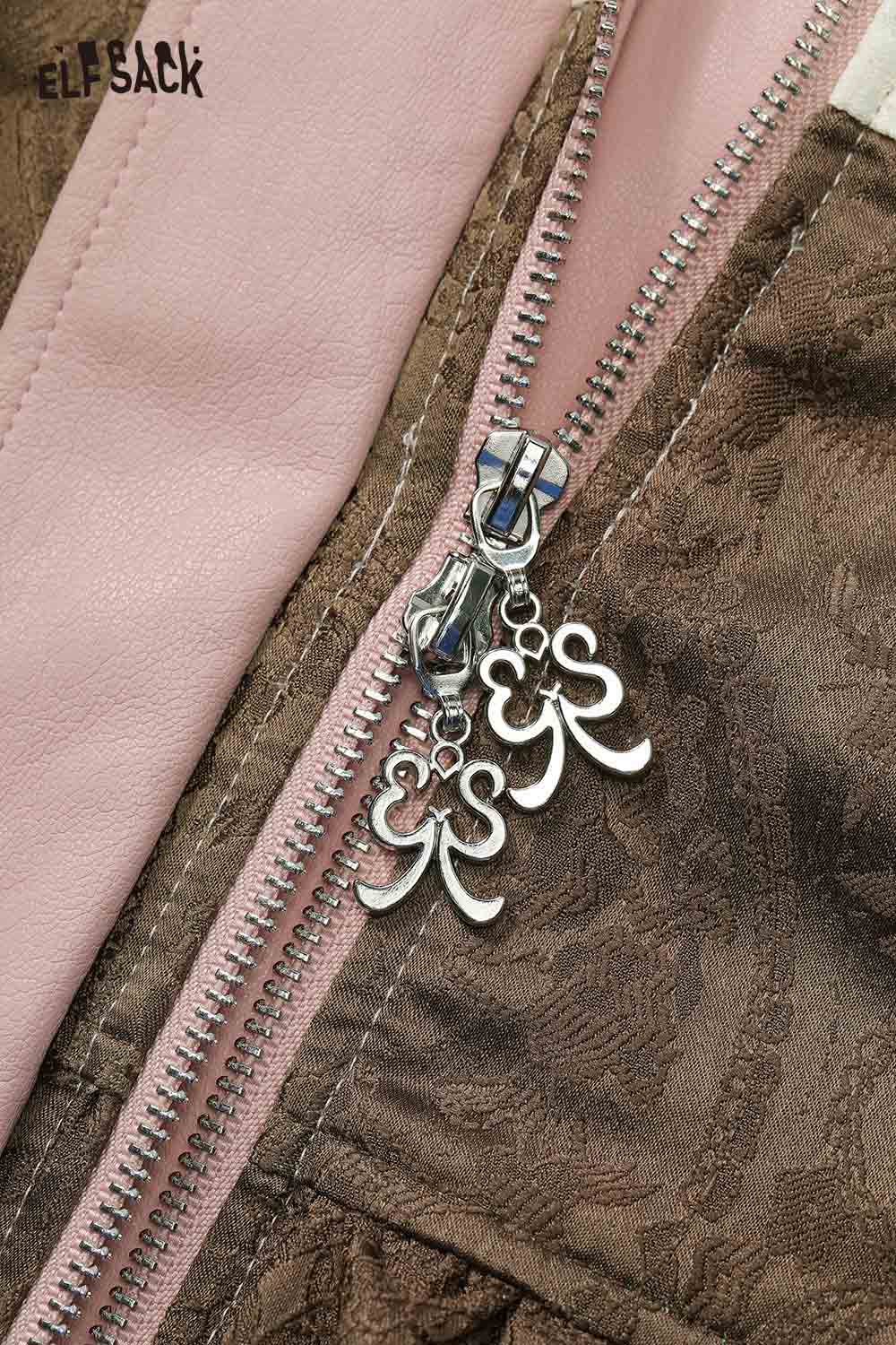 ELFSACK Vintage Sweet Cool Rivet Accent Jacquard Ruffle Cropped Jacket