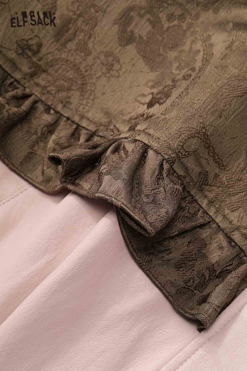 ELFSACK Vintage Sweet Cool Rivet Accent Jacquard Ruffle Cropped Jacket