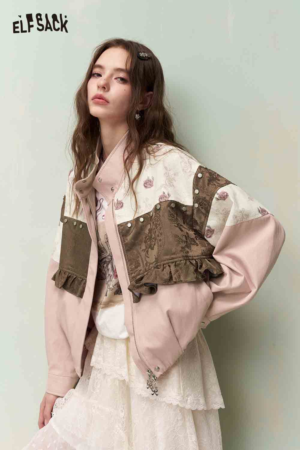 ELFSACK Vintage Sweet Cool Rivet Accent Jacquard Ruffle Cropped Jacket