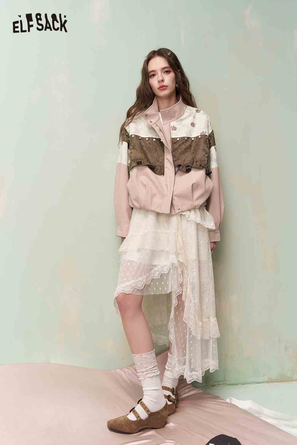 ELFSACK Vintage Sweet Cool Rivet Accent Jacquard Ruffle Cropped Jacket