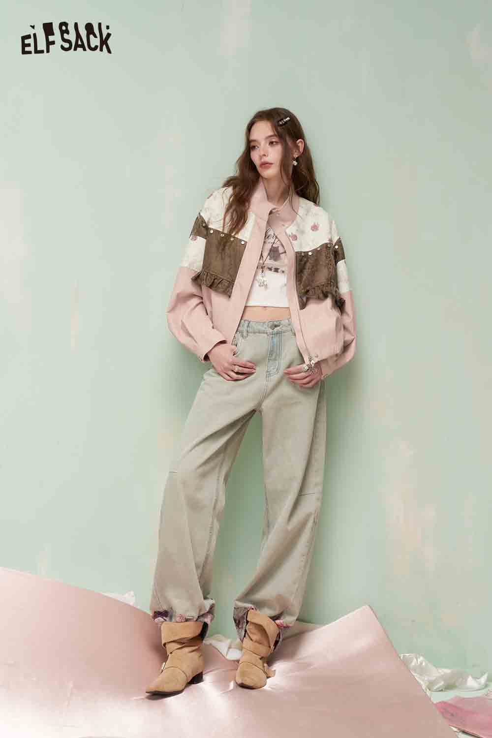 ELFSACK Vintage Sweet Cool Rivet Accent Jacquard Ruffle Cropped Jacket