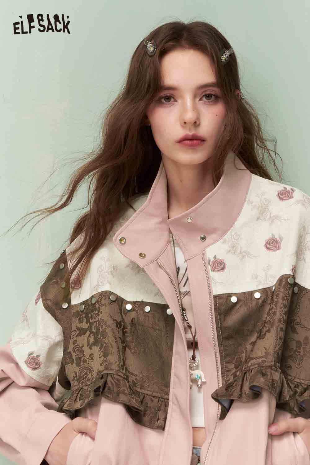 ELFSACK Vintage Sweet Cool Rivet Accent Jacquard Ruffle Cropped Jacket