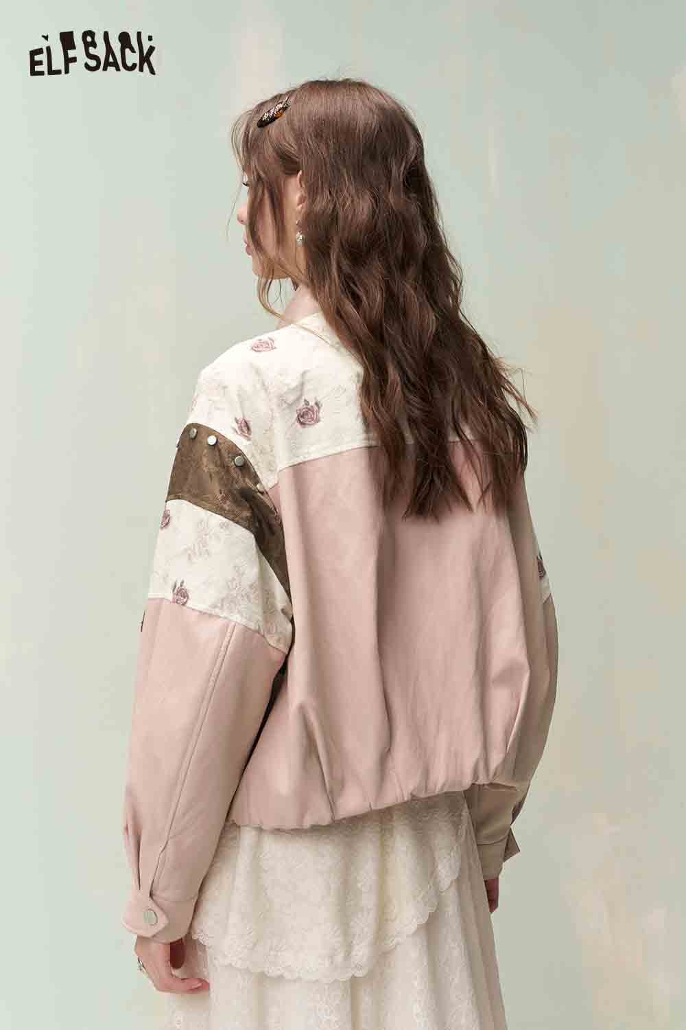ELFSACK Vintage Sweet Cool Rivet Accent Jacquard Ruffle Cropped Jacket