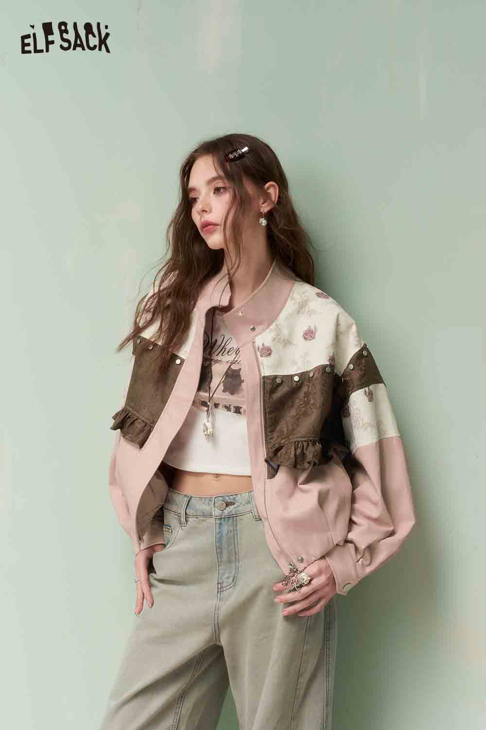 ELFSACK Vintage Sweet Cool Rivet Accent Jacquard Ruffle Cropped Jacket