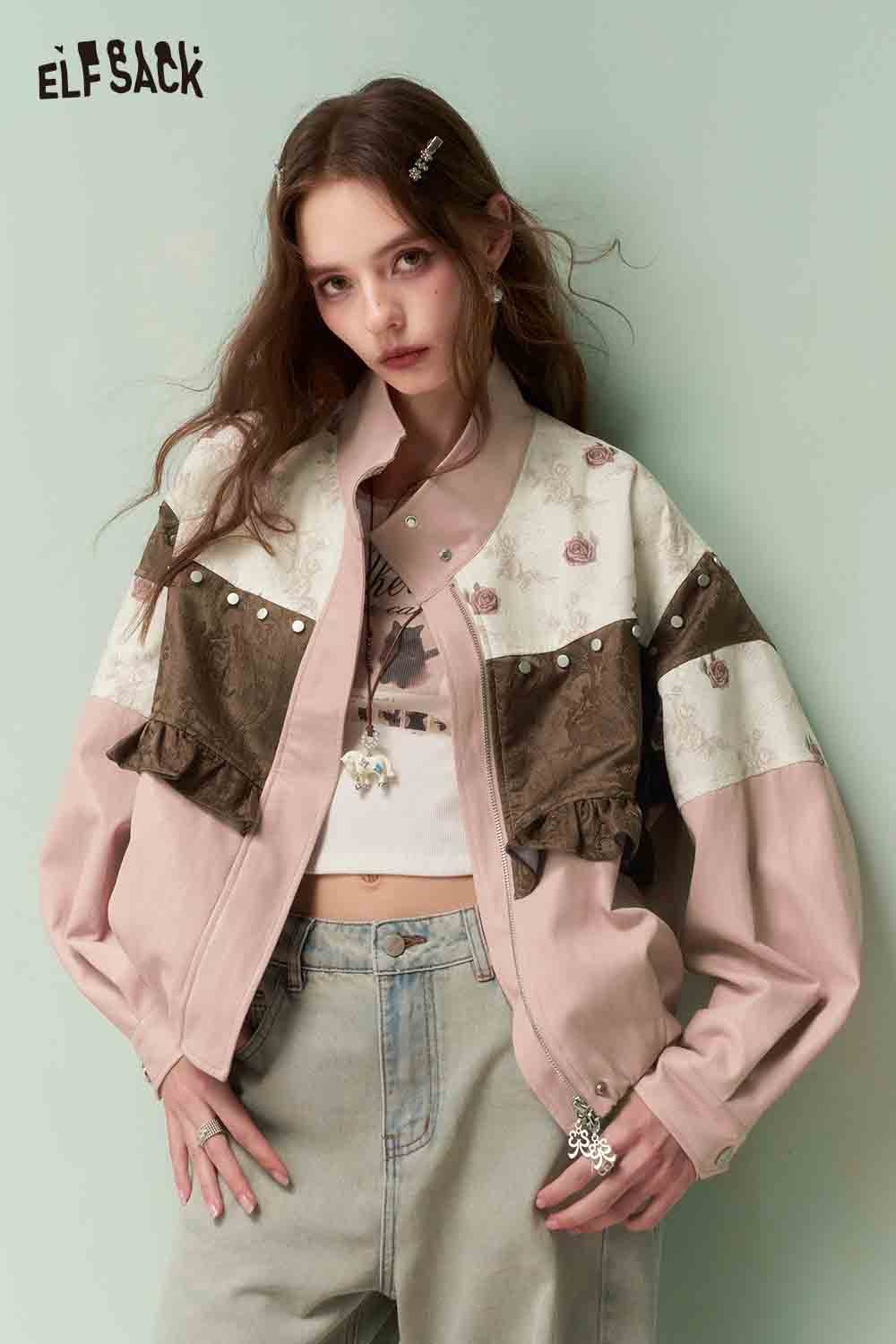 ELFSACK Vintage Sweet Cool Rivet Accent Jacquard Ruffle Cropped Jacket