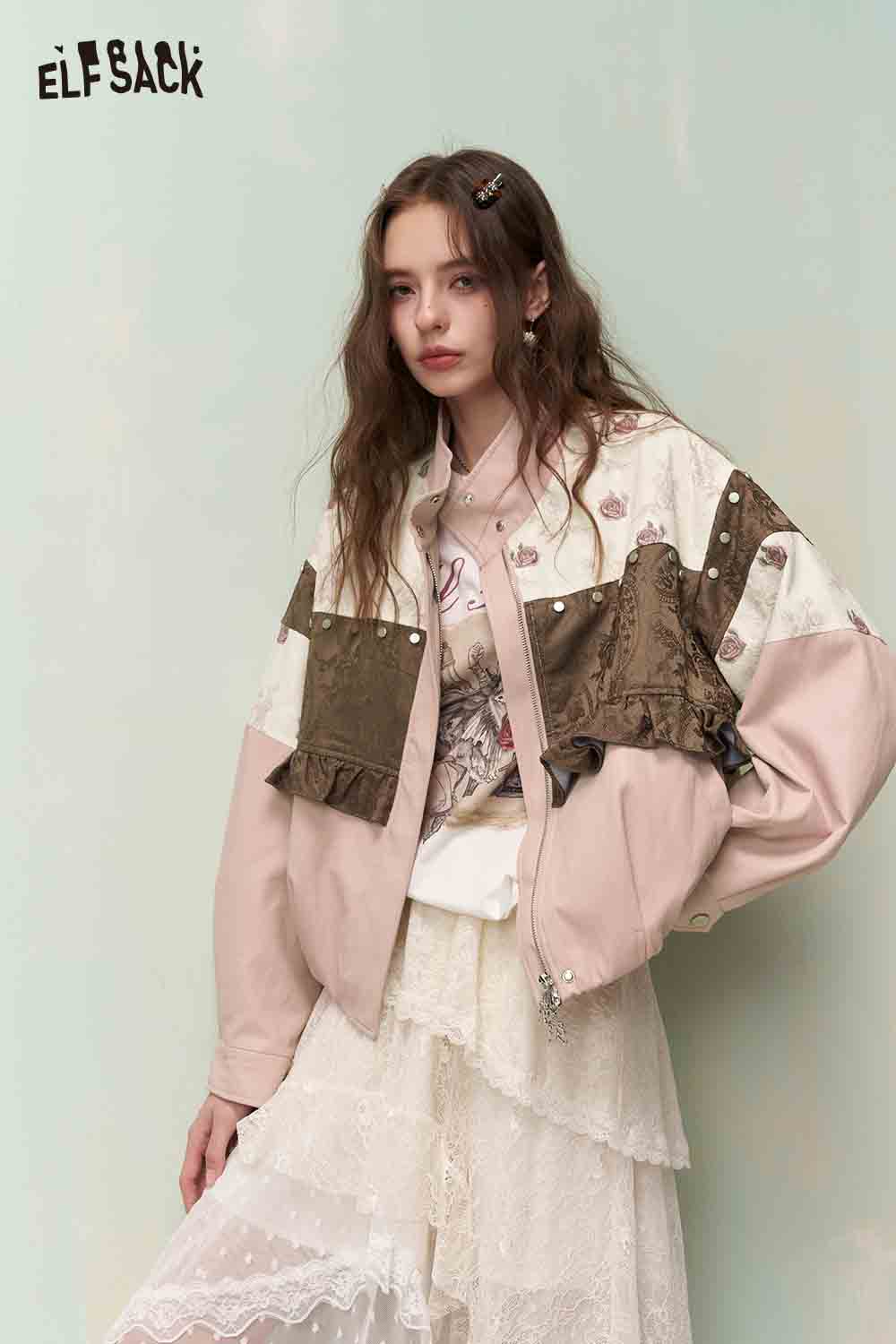 ELFSACK Vintage Sweet Cool Rivet Accent Jacquard Ruffle Cropped Jacket