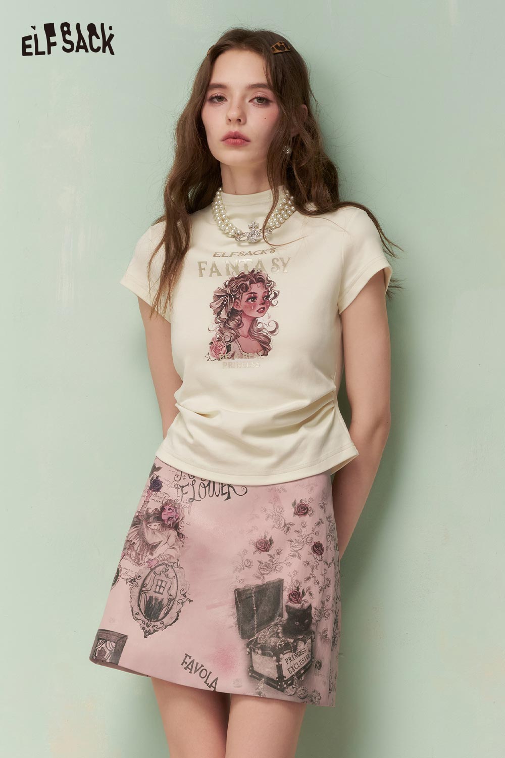 ELFSACK Vintage Sweet Cool Royal Girl Print Aline Skirt