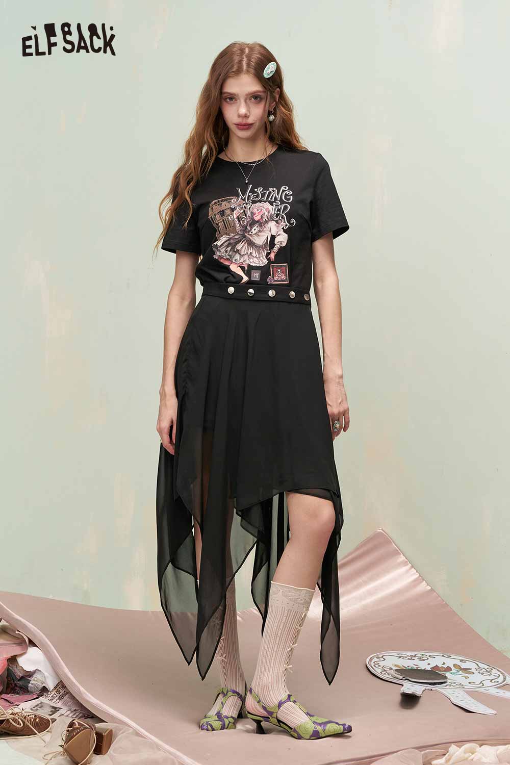 ELFSACK Vintage Sweet Cool Royal Portrait Print Asymmetrical Mesh Tshirt Dress