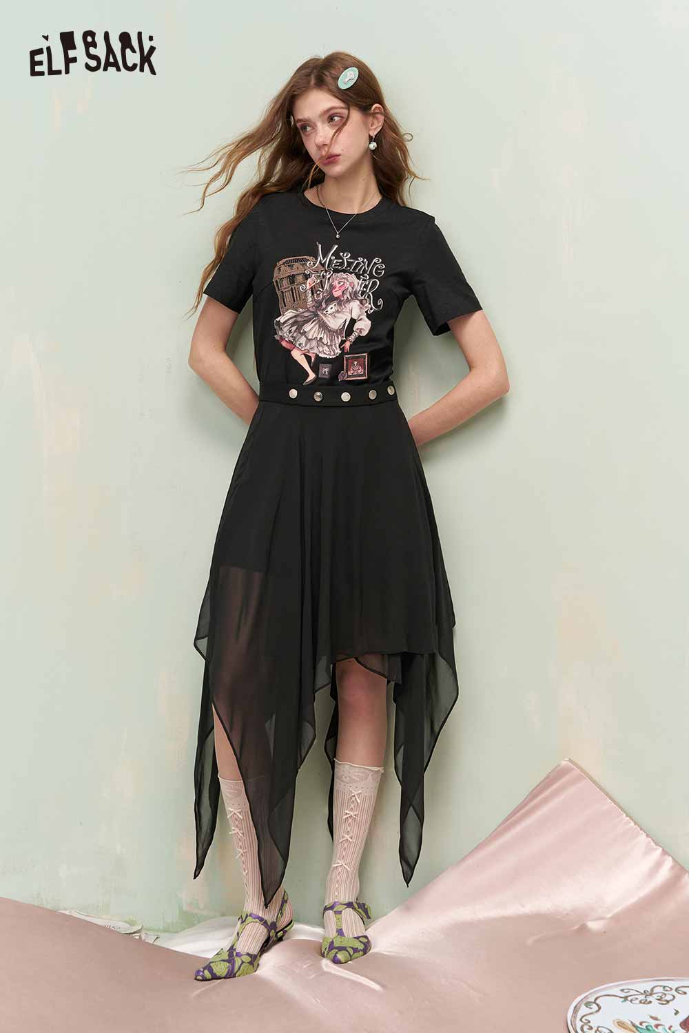 ELFSACK Vintage Sweet Cool Royal Portrait Print Asymmetrical Mesh Tshirt Dress