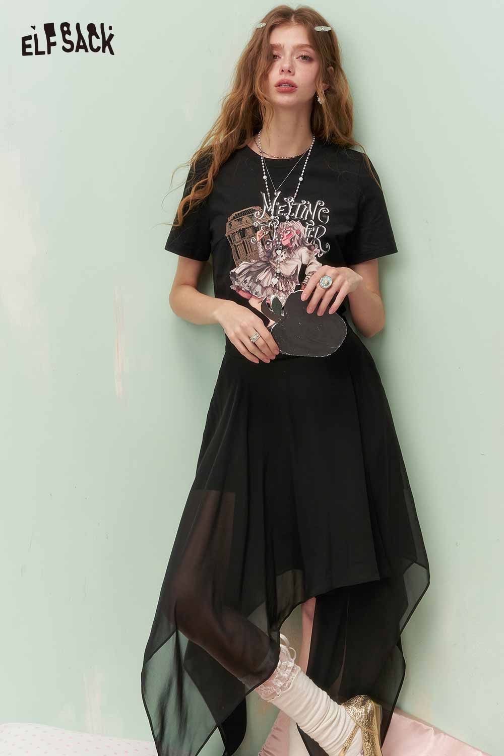 ELFSACK Vintage Sweet Cool Royal Portrait Print Asymmetrical Mesh Tshirt Dress