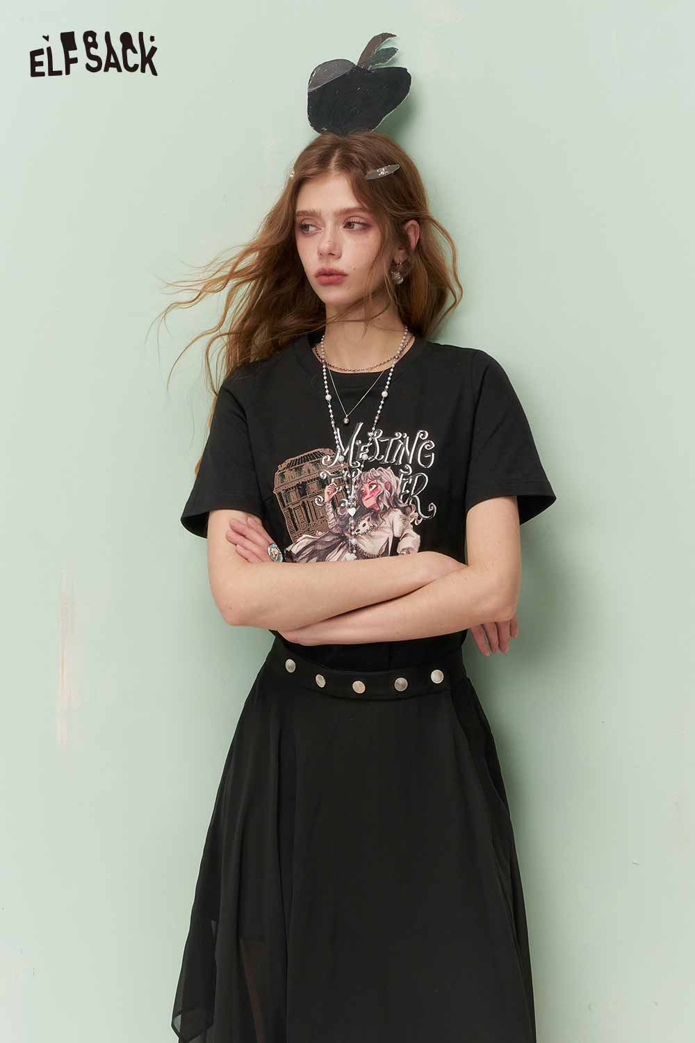 ELFSACK Vintage Sweet Cool Royal Portrait Print Asymmetrical Mesh Tshirt Dress