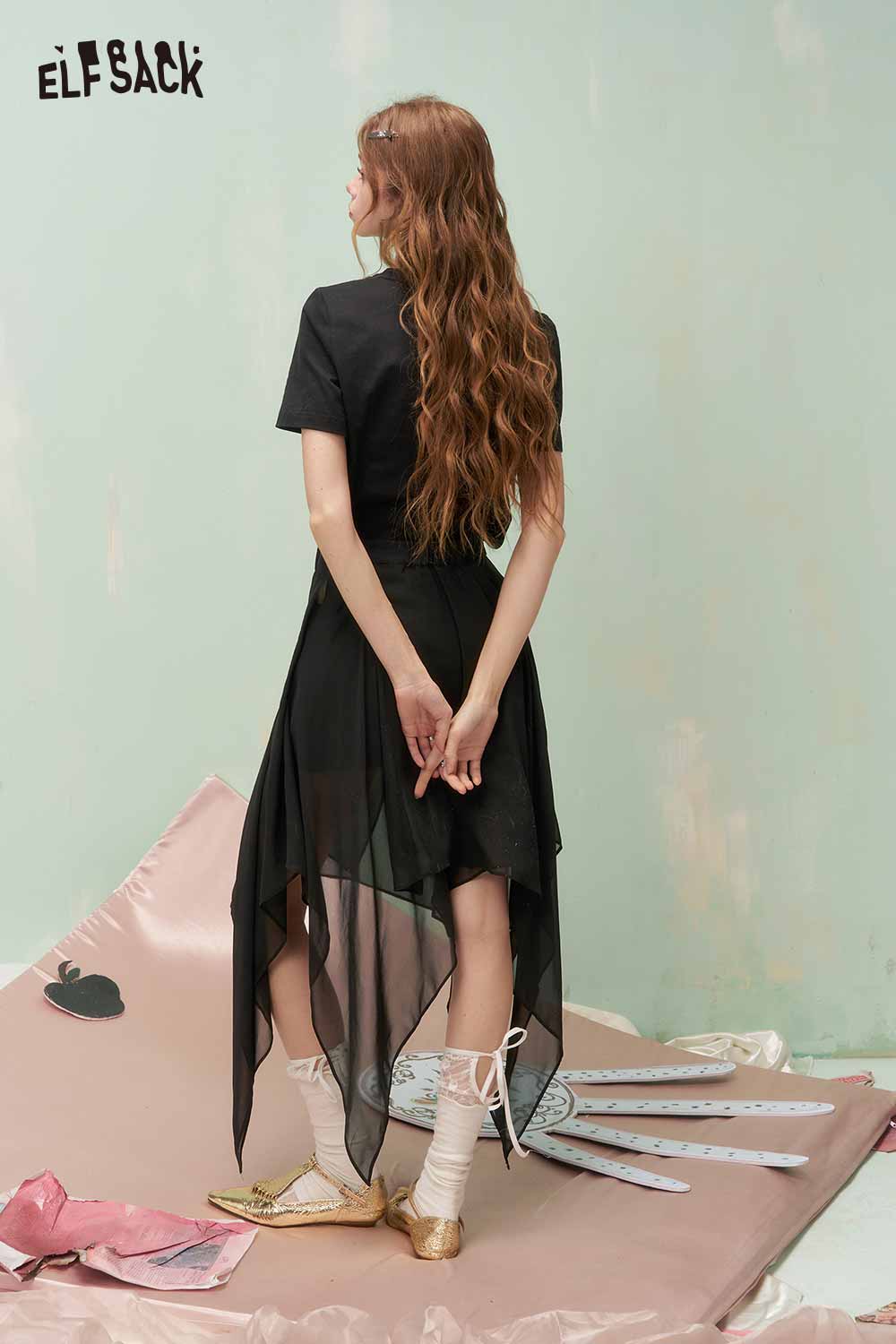 ELFSACK Vintage Sweet Cool Royal Portrait Print Asymmetrical Mesh Tshirt Dress