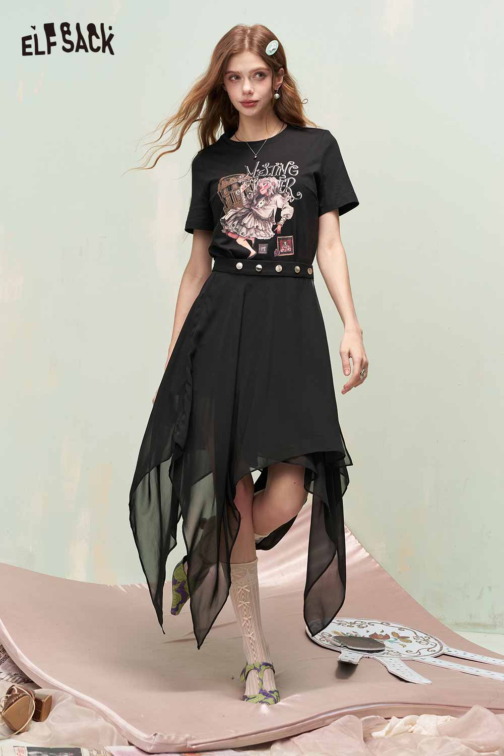 ELFSACK Vintage Sweet Cool Royal Portrait Print Asymmetrical Mesh Tshirt Dress