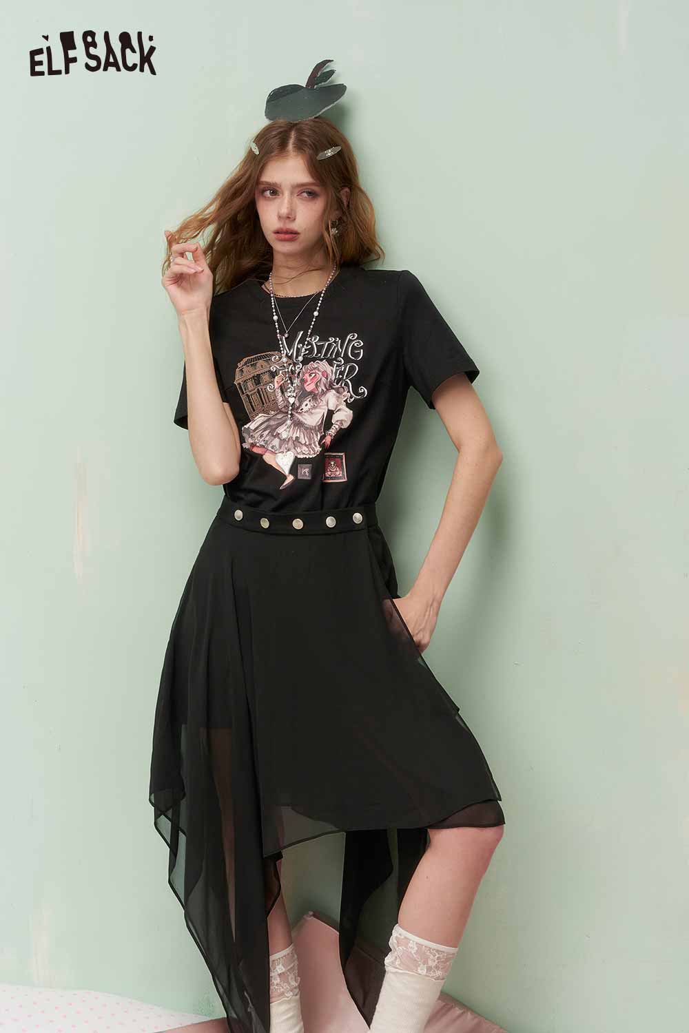 ELFSACK Vintage Sweet Cool Royal Portrait Print Asymmetrical Mesh Tshirt Dress